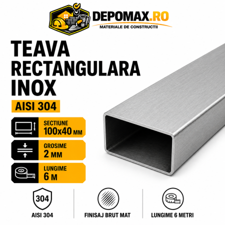 Teava rectangulara inox AISI 304, 100 x 40 x 2 mm, 6 metri